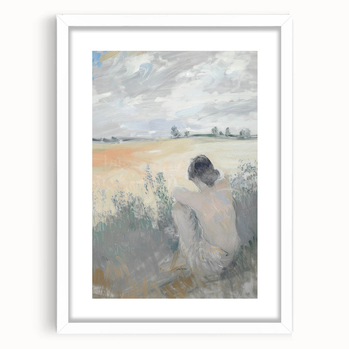 Abstract figurative art frame in a white mat, showcasing a modern design with vibrant colors and intricate patterns, perfect for contemporary home decor.