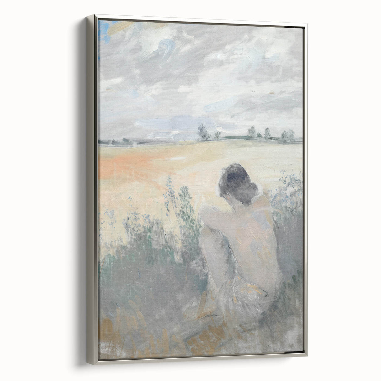 Abstract figurative framed canvas artwork showcasing a silver frame, highlighting vibrant colors and dynamic shapes, perfect for modern home decor.