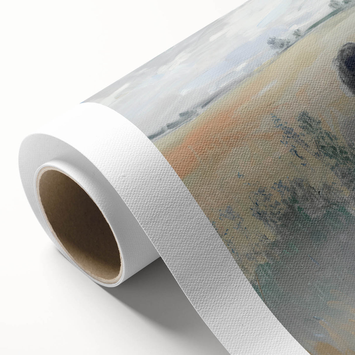 Abstract figurative art design on rolled canvas showcasing vibrant colors and dynamic shapes. Ideal for modern decor, it is securely packaged in a cardboard tube for safe delivery.