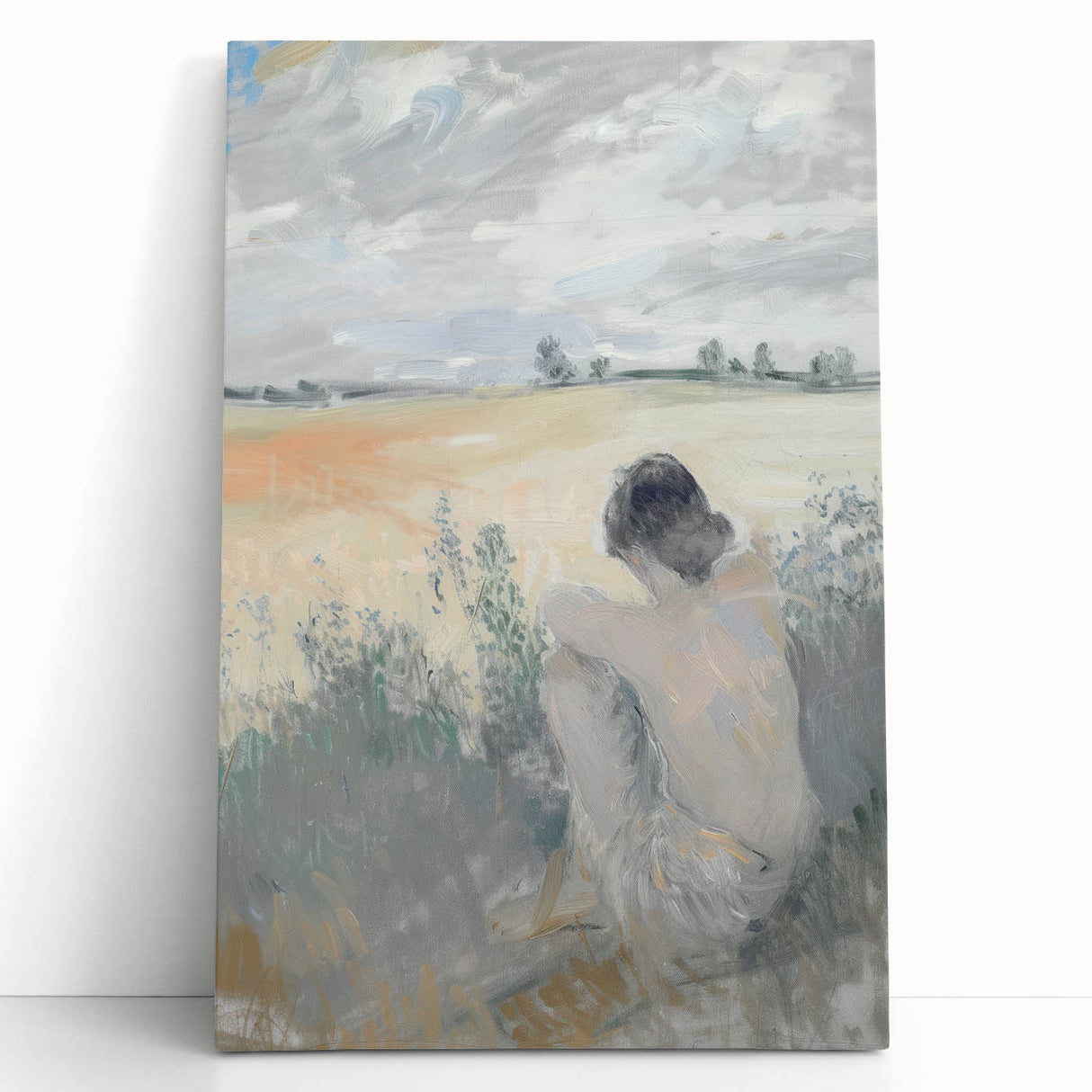 Abstract figurative stretched canvas artwork showcasing vibrant colors and fluid shapes, leaning against a textured wall. Ideal for modern home decor and artistic expression.