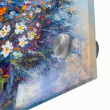 Close-up of vibrant abstract floral acrylic artwork on glass, showcasing intricate details and rich colors, ideal for modern home decor and artistic settings.
