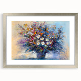 Abstract floral art frame with a silver mat, showcasing vibrant colors and intricate designs, perfect for enhancing modern home decor or gallery spaces.