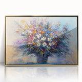 Framed acrylic artwork showcasing vibrant abstract floral patterns in gold and bold colors, enhancing modern decor with a stylish touch. Ideal for home or office settings.