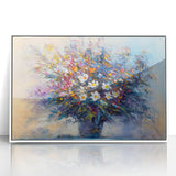 Framed acrylic artwork showcasing vibrant abstract floral designs in shades of pink and green, set against a sleek white background, perfect for modern home decor.