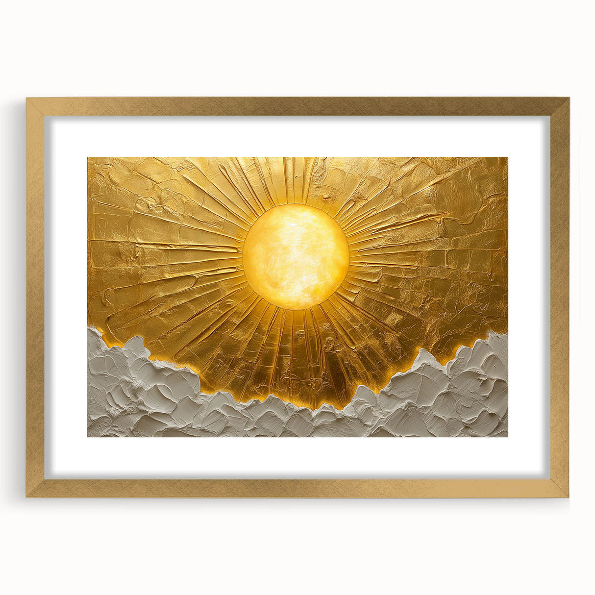 Abstract landscape wall art framed in gold with a mat, showcasing vibrant colors and dynamic shapes, perfect for modern decor and artistic ambiance.