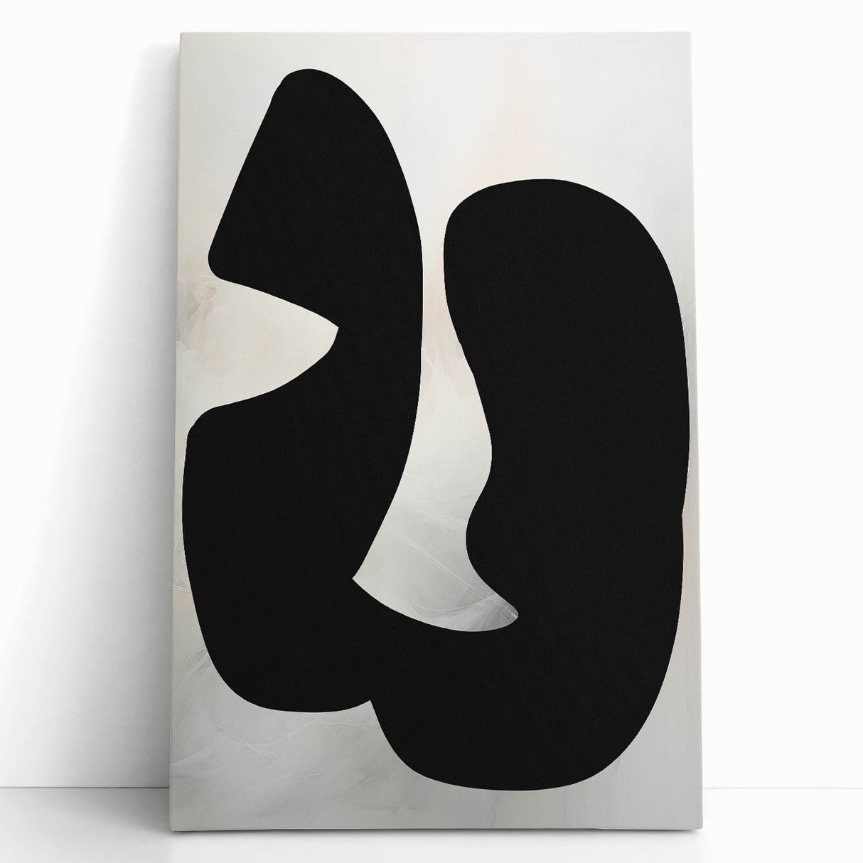 Abstract minimalist wall art design on stretched canvas, featuring soft pastel colors and geometric shapes, leaning against a neutral-toned wall, perfect for modern decor.
