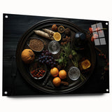 Acrylic print of large abstract fruits in vibrant colors, ideal for dining room wall art.