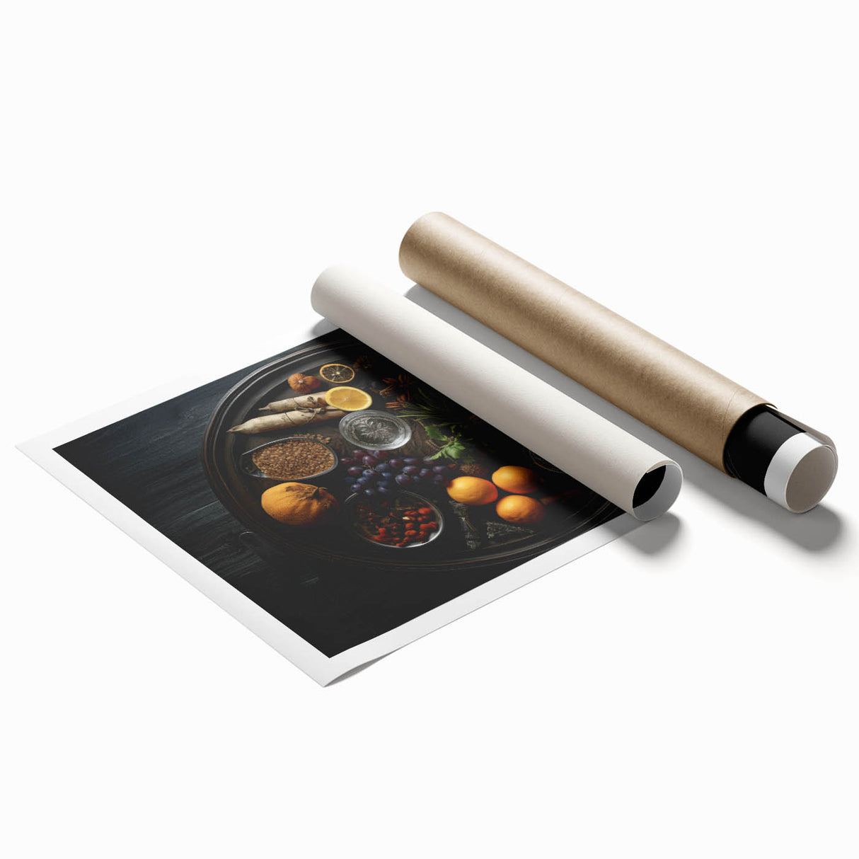 Extra large rolled print featuring a variety of fruits in muted colors.