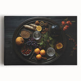 Black and white large art print of assorted fruits on stretched canvas, suitable for kitchen wall decor.