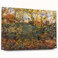 Large abstract wall art on acrylic glass, featuring swirling autumn colors, suitable for bedroom or dining room decor.