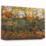 Large abstract wall art on acrylic glass depicting swirling autumn hues, ideal for bedroom or dining room decor.