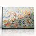 Framed acrylic artwork showcasing vibrant abstract floral designs in shades of blue, pink, and green, set against a sleek black frame, ideal for modern home decor.