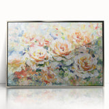 Abstract floral artwork displayed in a sleek silver frame, showcasing vibrant colors and intricate details, ideal for modern home decor. Perfect for adding elegance to any room.