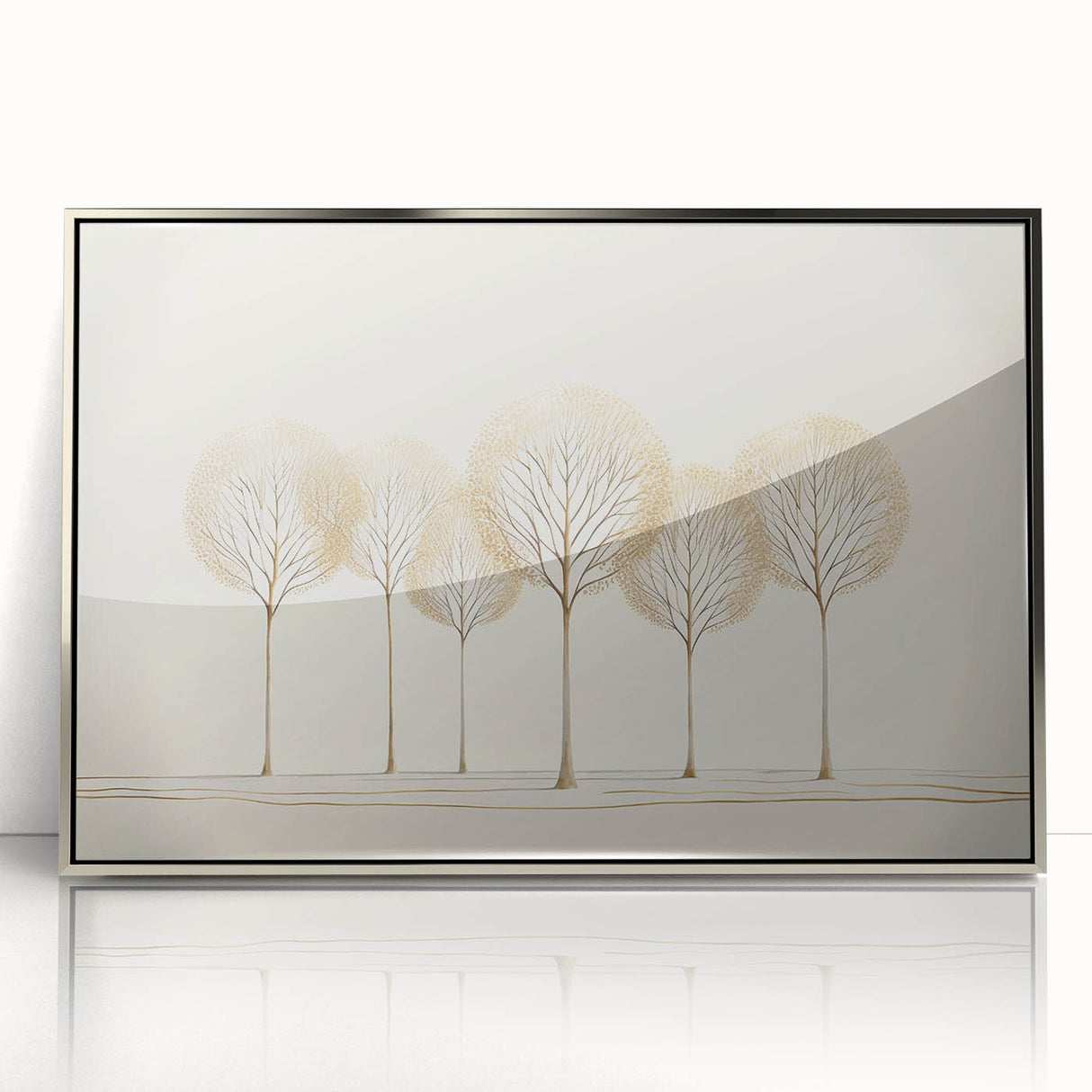 Framed abstract landscape artwork in silver acrylic, showcasing vibrant colors and dynamic shapes, ideal for modern home decor and enhancing interior spaces.
