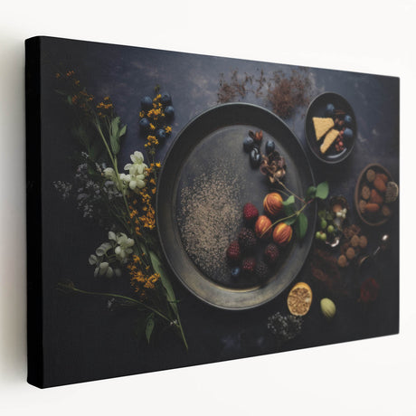 Large art depicting various colorful fruits on stretched canvas, ideal for kitchen wall art.