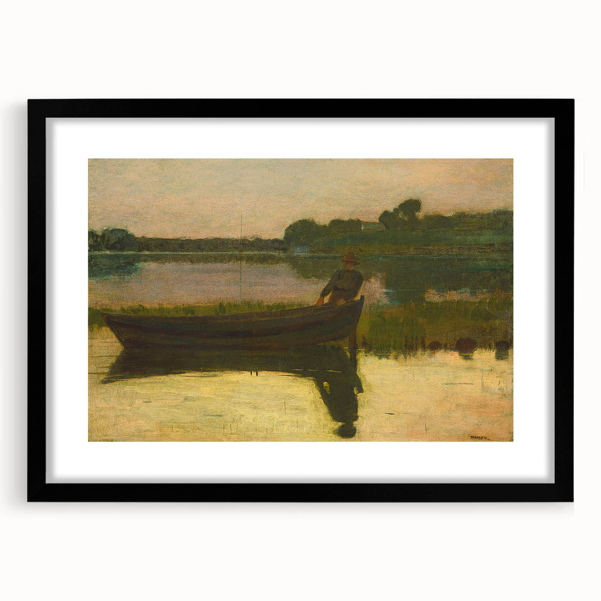 Realism Art Prints - Peaceful Sunset River Scene with Boat on Canvas