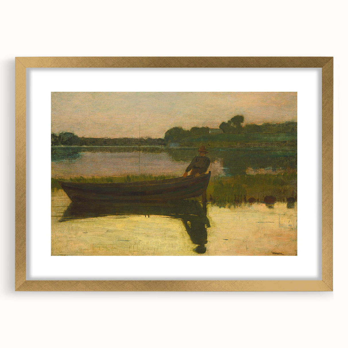Realism Art Prints - Peaceful Sunset River Scene with Boat on Canvas