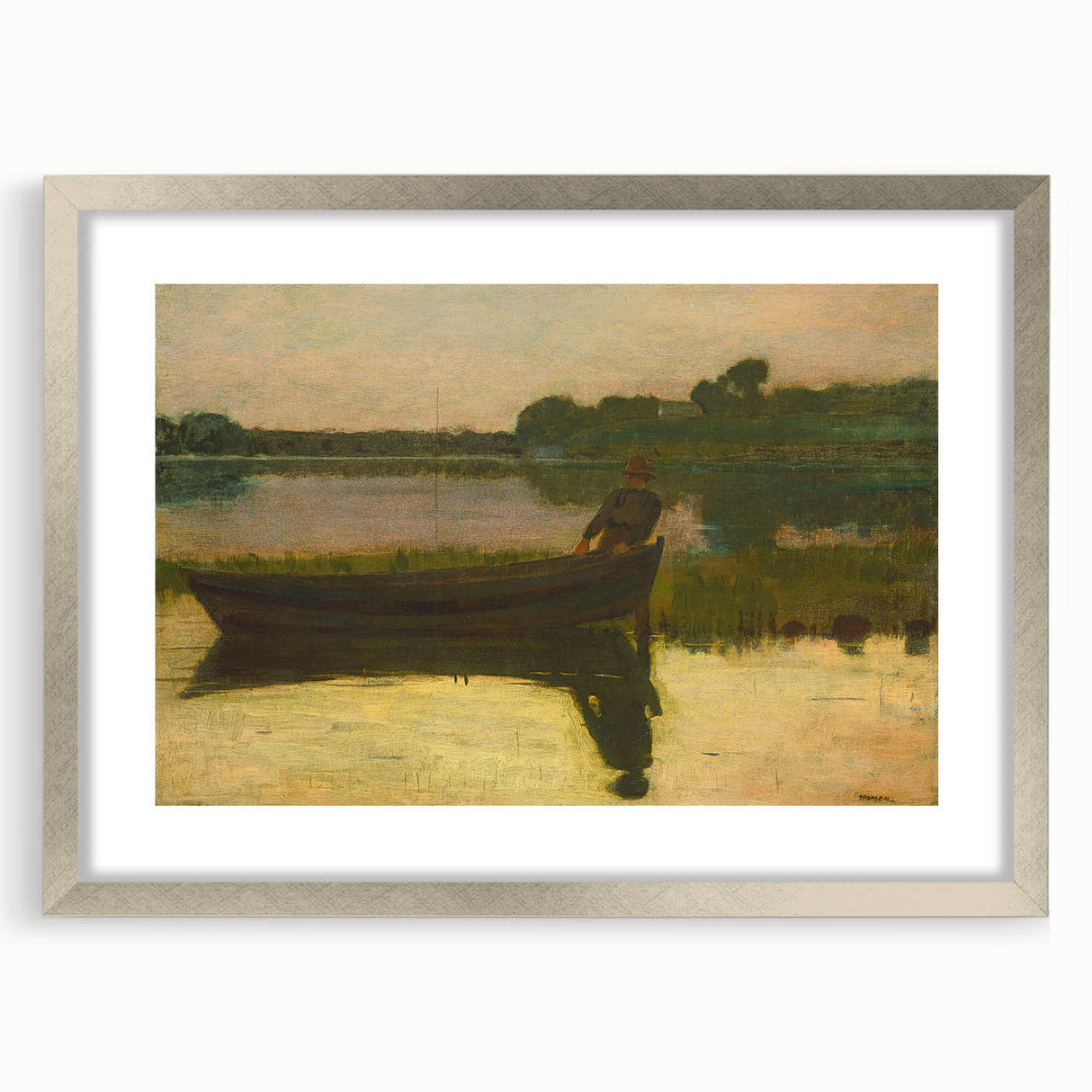 Realism Art Prints - Peaceful Sunset River Scene with Boat on Canvas