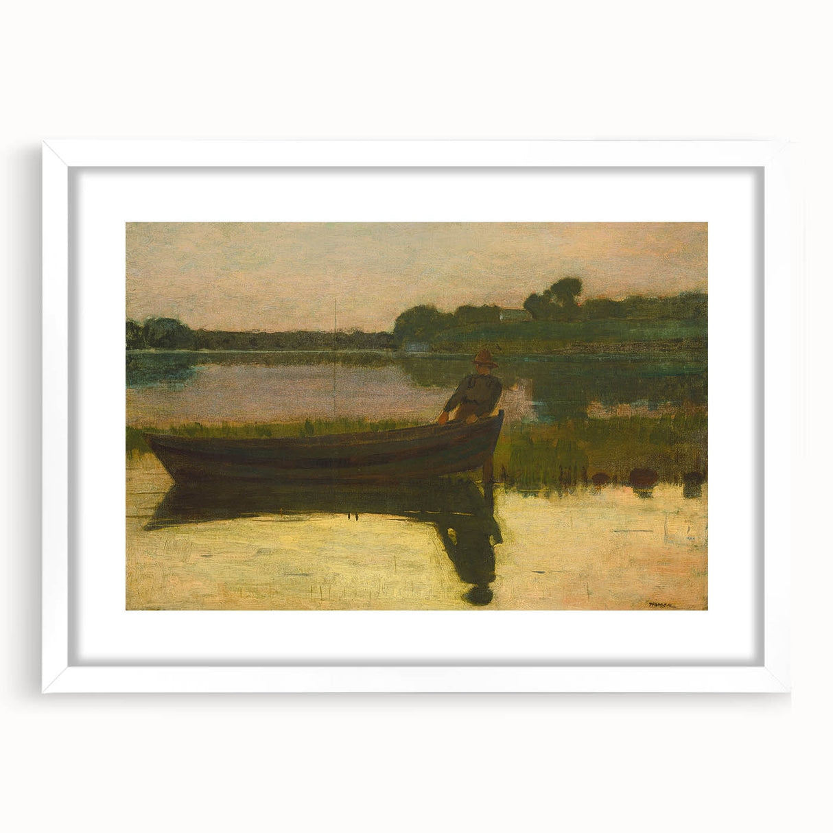Realism Art Prints - Peaceful Sunset River Scene with Boat on Canvas