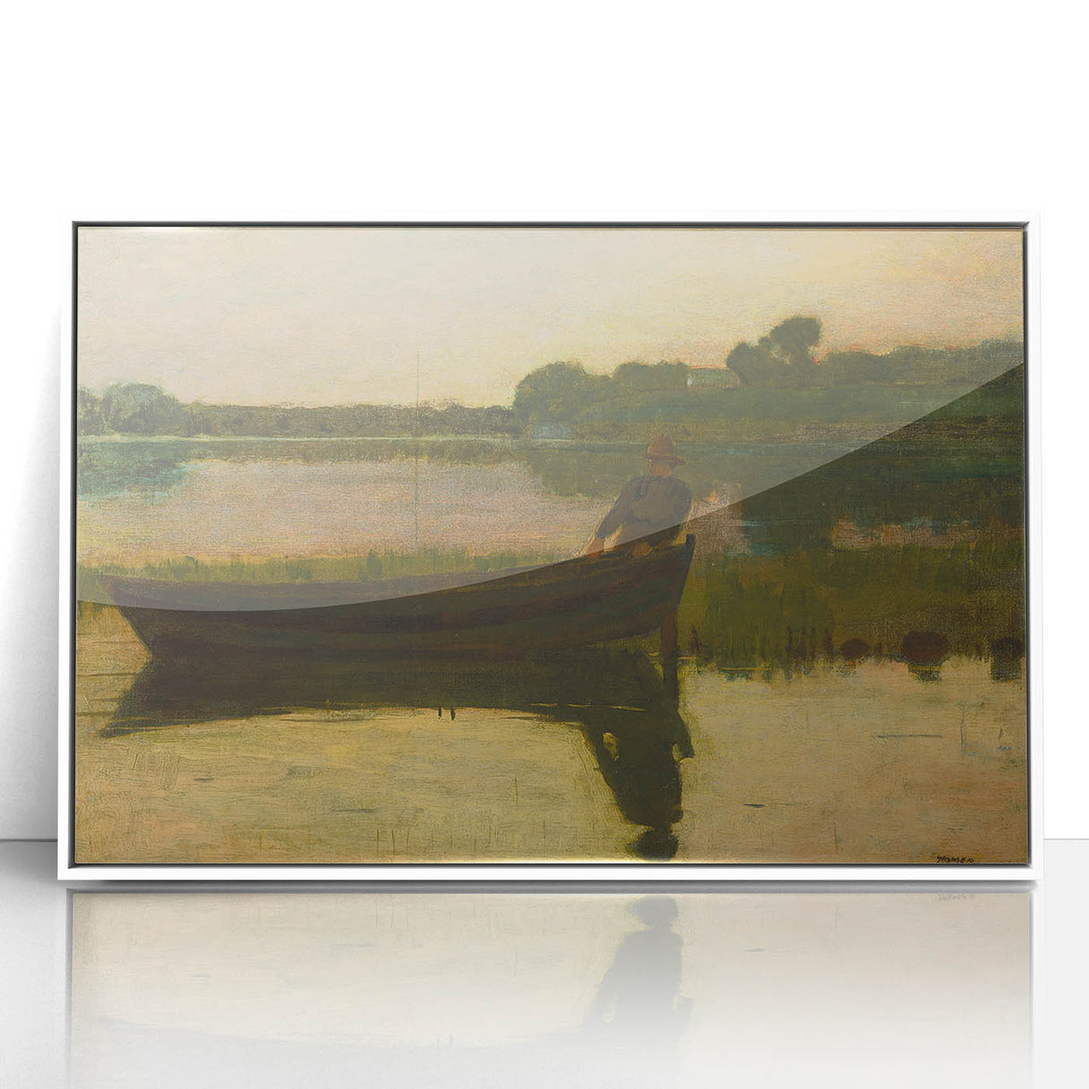 Realism Art Prints - Peaceful Sunset River Scene with Boat on Canvas