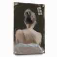 Abstract figurative acrylic artwork displayed on glass, showcasing vibrant colors and dynamic shapes. Side view highlights intricate pin details, ideal for modern decor.