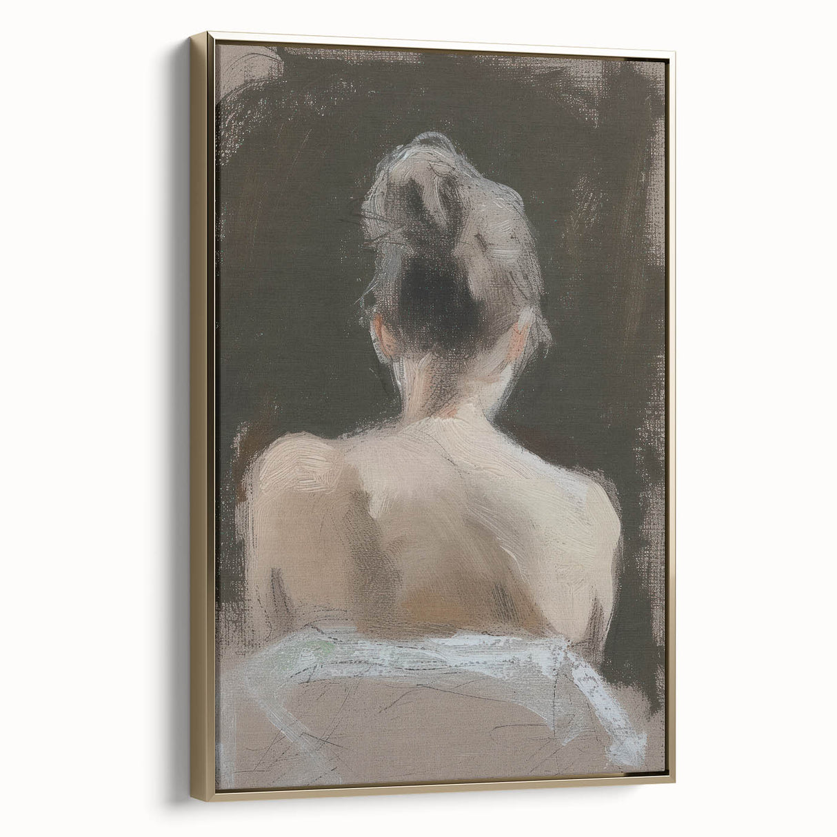 Framed abstract figurative canvas art with gold accents, showcasing a modern side view design, perfect for contemporary home decor and adding elegance to any space.