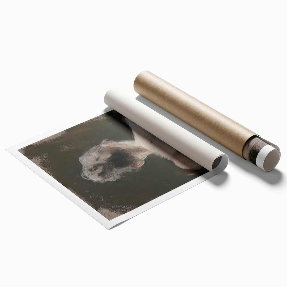 Abstract figurative rolled print showcasing vibrant colors and intricate shapes, designed for modern decor. Packaged securely in a durable cardboard tube for safe delivery.