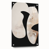 Abstract minimalist wall art displayed in a side view on acrylic glass, featuring soft colors and geometric shapes, accentuated by decorative pins for mounting.