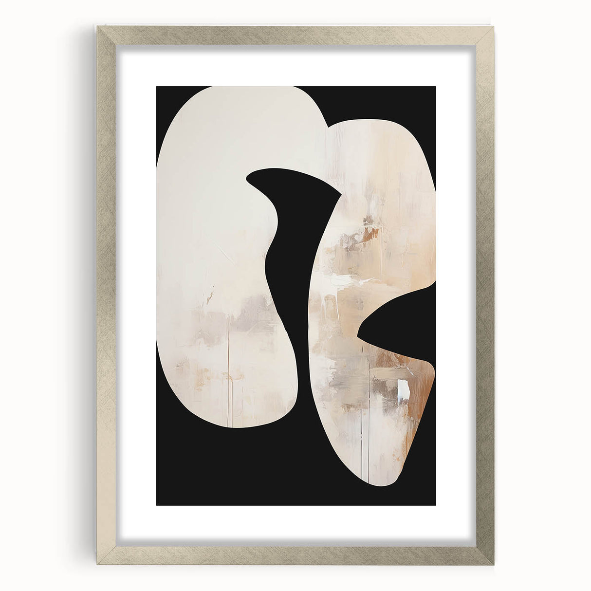 Abstract minimalist wall art framed in silver with a matte finish, showcasing geometric patterns and soft color tones, perfect for modern interior decor.