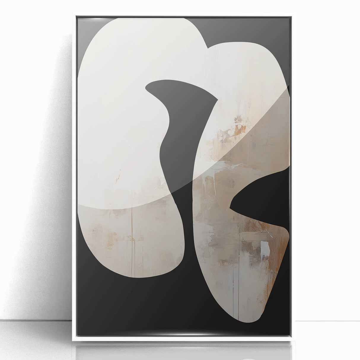 Framed abstract minimalist wall art featuring soft white and gray tones, displayed from the front against a neutral background, perfect for modern home decor.