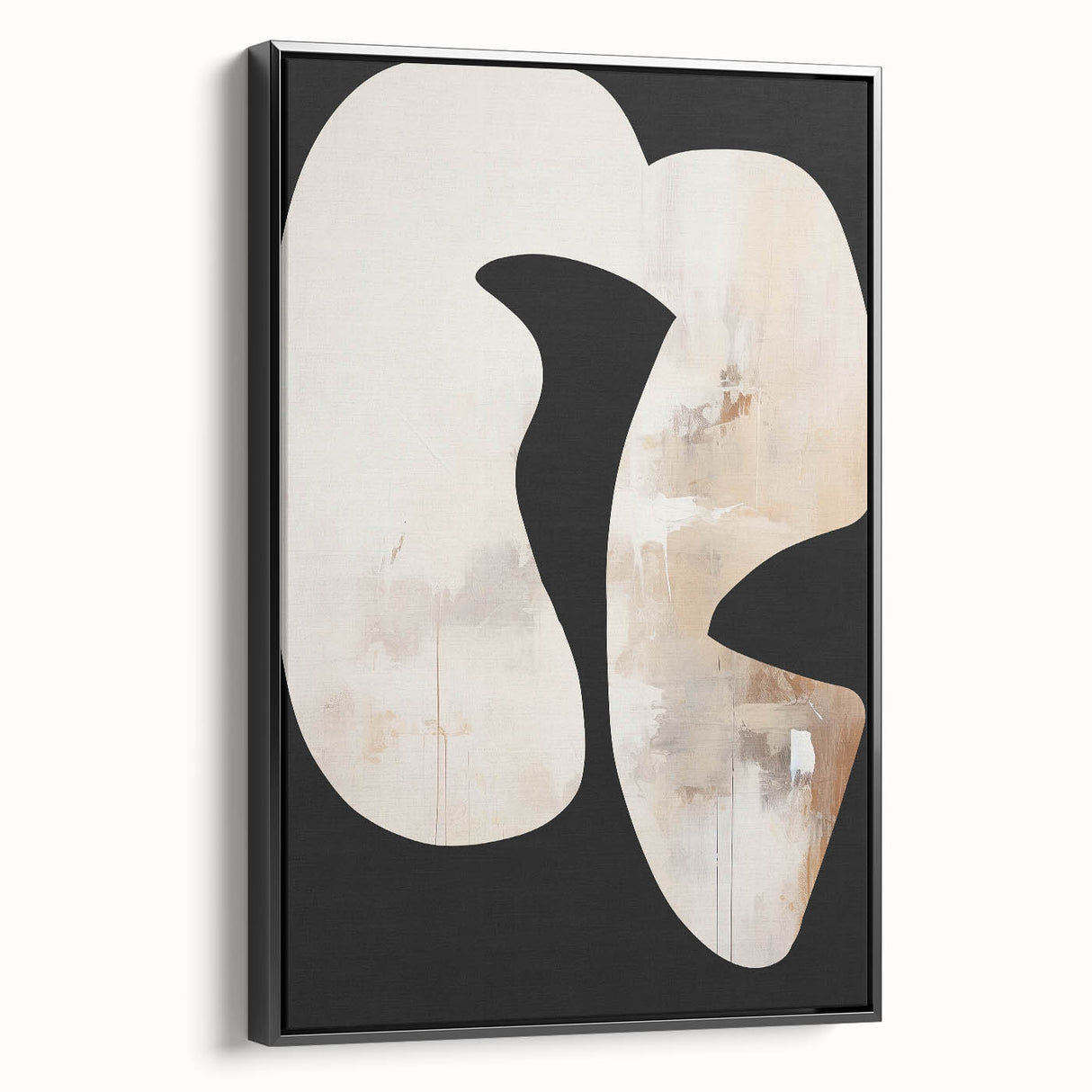 Framed minimalist wall art featuring an abstract design in black tones, showcasing a sleek side view that highlights its modern aesthetic and elegant framing. Ideal for contemporary home decor.