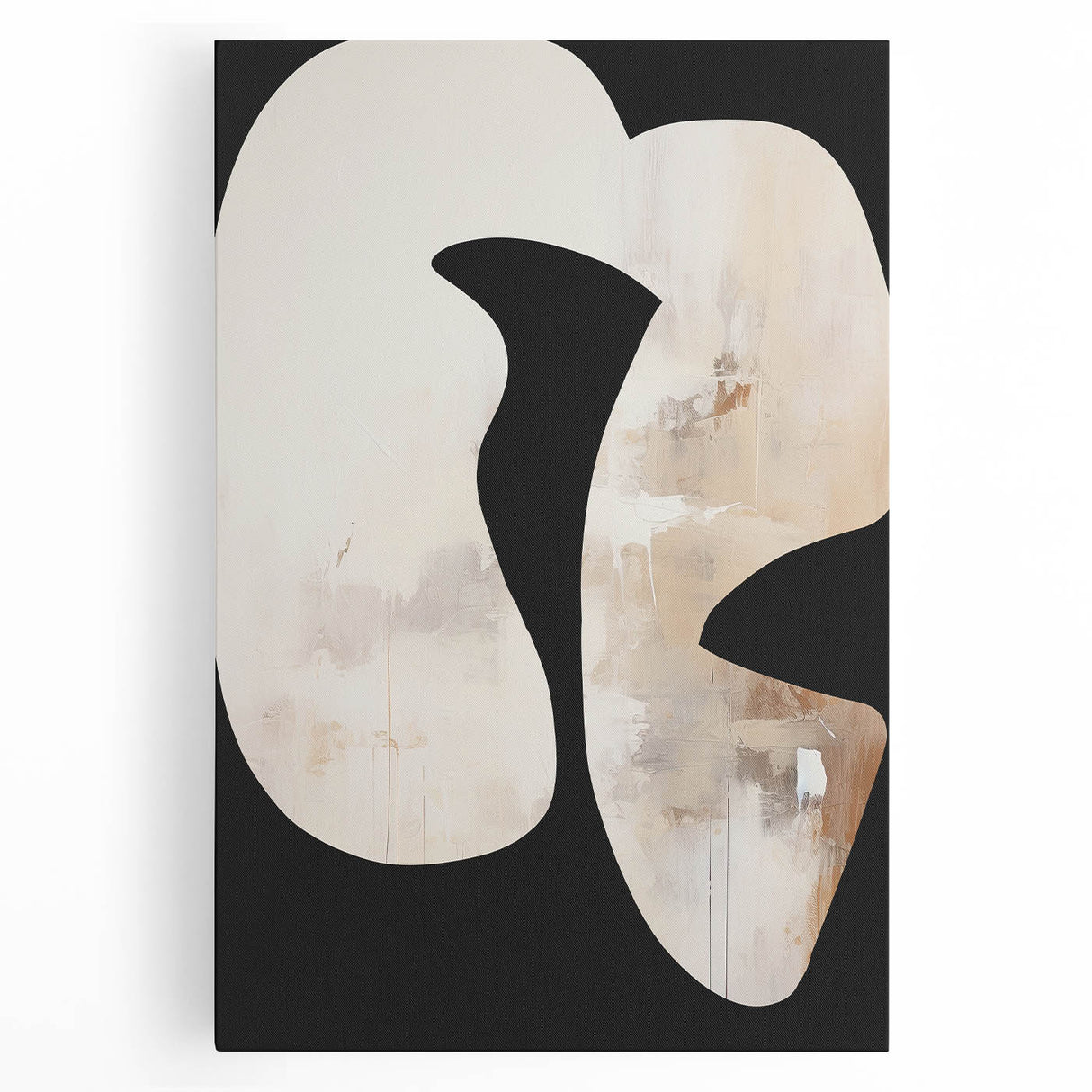 Abstract minimalist wall art on stretched canvas showcasing soft pastel colors and geometric shapes, perfect for modern home decor or office spaces.