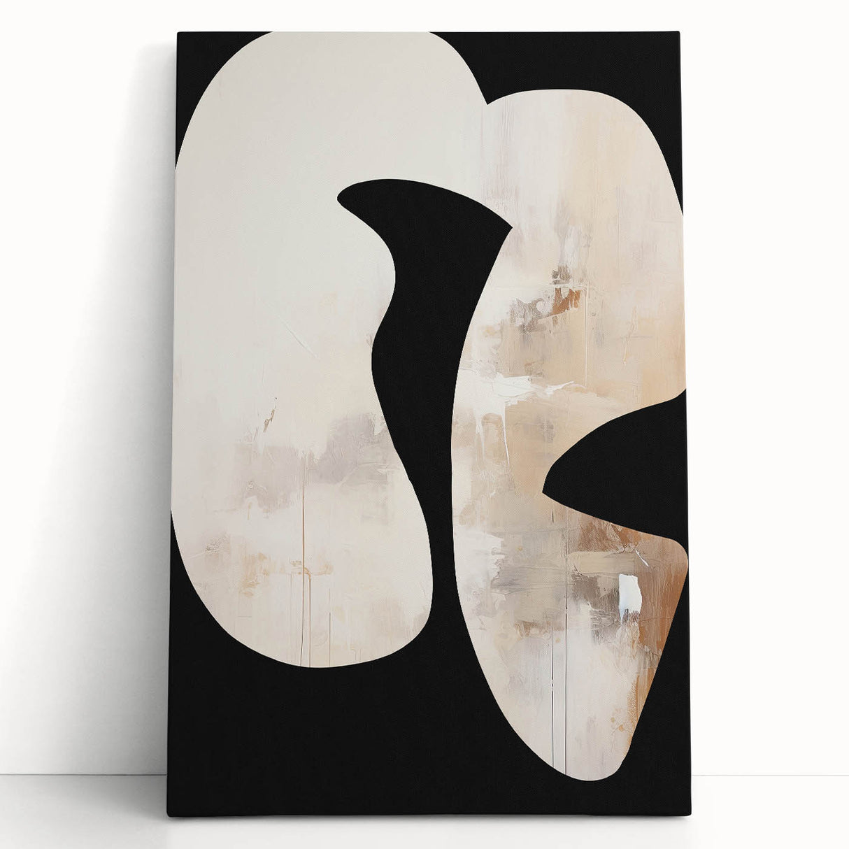 Abstract minimalist wall art on stretched canvas, featuring soft pastel colors and geometric shapes, leaning against a neutral wall, ideal for modern decor.