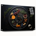 Large abstract wall art featuring assorted fruits in vibrant colors on acrylic glass, ideal for dining room decor.