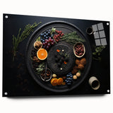 Large abstract wall art featuring assorted fruits in vibrant colors on acrylic glass, ideal for dining room decor.
