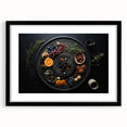 Extra large abstract art print featuring colorful, textured fruits, in a black frame, ideal for living room decor.