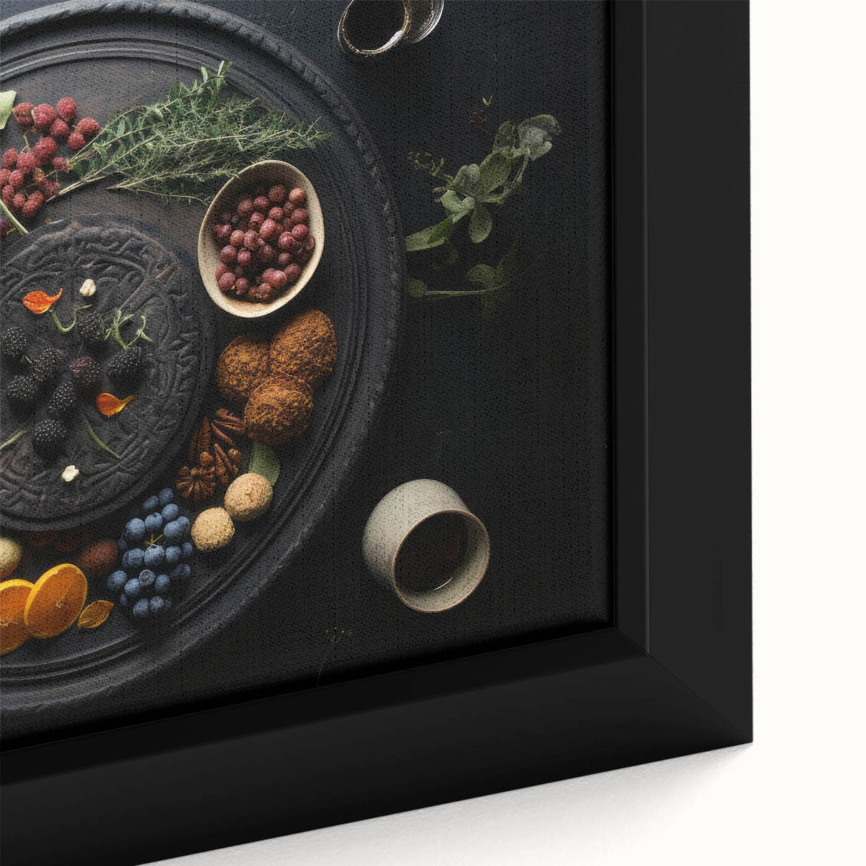 Close-up of a black framed canvas featuring a textured, colorful fruit design, ideal for extra large living room wall art.