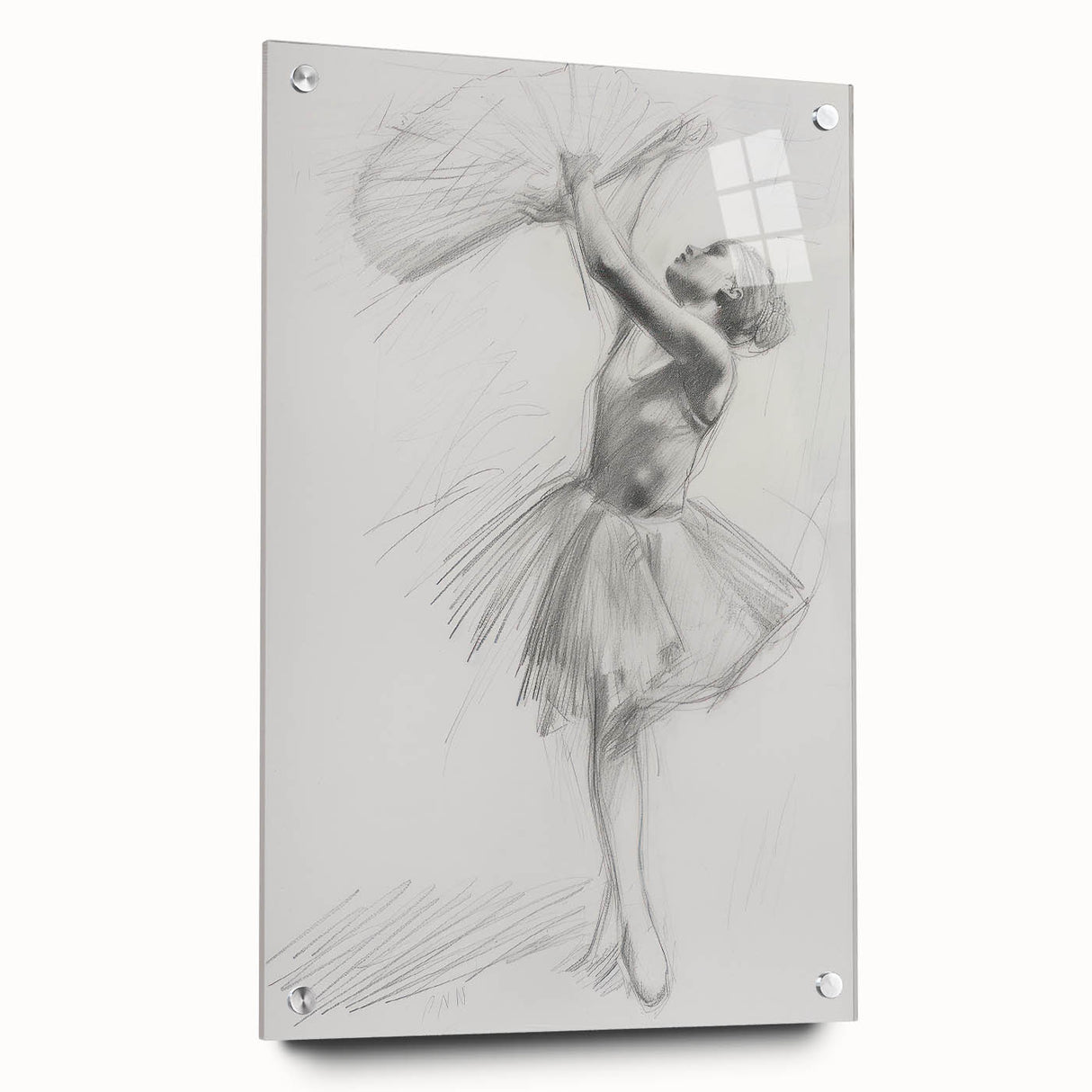 Abstract figurative acrylic artwork displayed in a glass frame, showcasing vibrant colors and intricate details, with decorative pins enhancing its design.
