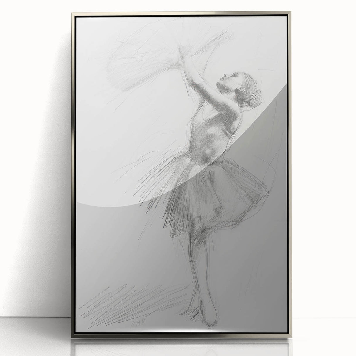 Framed abstract figurative art piece in silver acrylic, showcasing fluid shapes and dynamic colors, perfect for modern home decor or a stylish gallery wall.