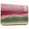 Abstract landscape artwork on acrylic glass, showcasing vibrant colors and intricate details, displayed from a side view with visible mounting pins. Ideal for modern decor.