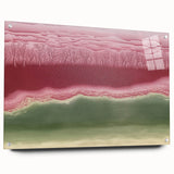 Abstract landscape artwork on acrylic glass, showcasing vibrant colors and intricate details, displayed from a side view with visible mounting pins. Ideal for modern decor.