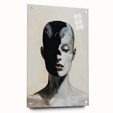 Abstract minimalist wall art design displayed in a side view, featuring vibrant colors and geometric shapes, mounted with pins on a sleek acrylic glass surface. This modern decor piece enhances any contemporary space.