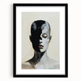 Abstract minimalist wall art design in a sleek black frame with a white mat, showcasing geometric shapes and soft color tones, perfect for modern decor.
