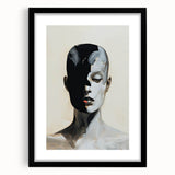 Abstract minimalist wall art design in a sleek black frame with a white mat, showcasing geometric shapes and soft color tones, perfect for modern decor.