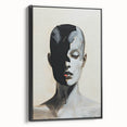 Framed minimalist abstract wall art on black canvas, showcasing a sleek side view with a modern design, perfect for contemporary home decor and art enthusiasts.