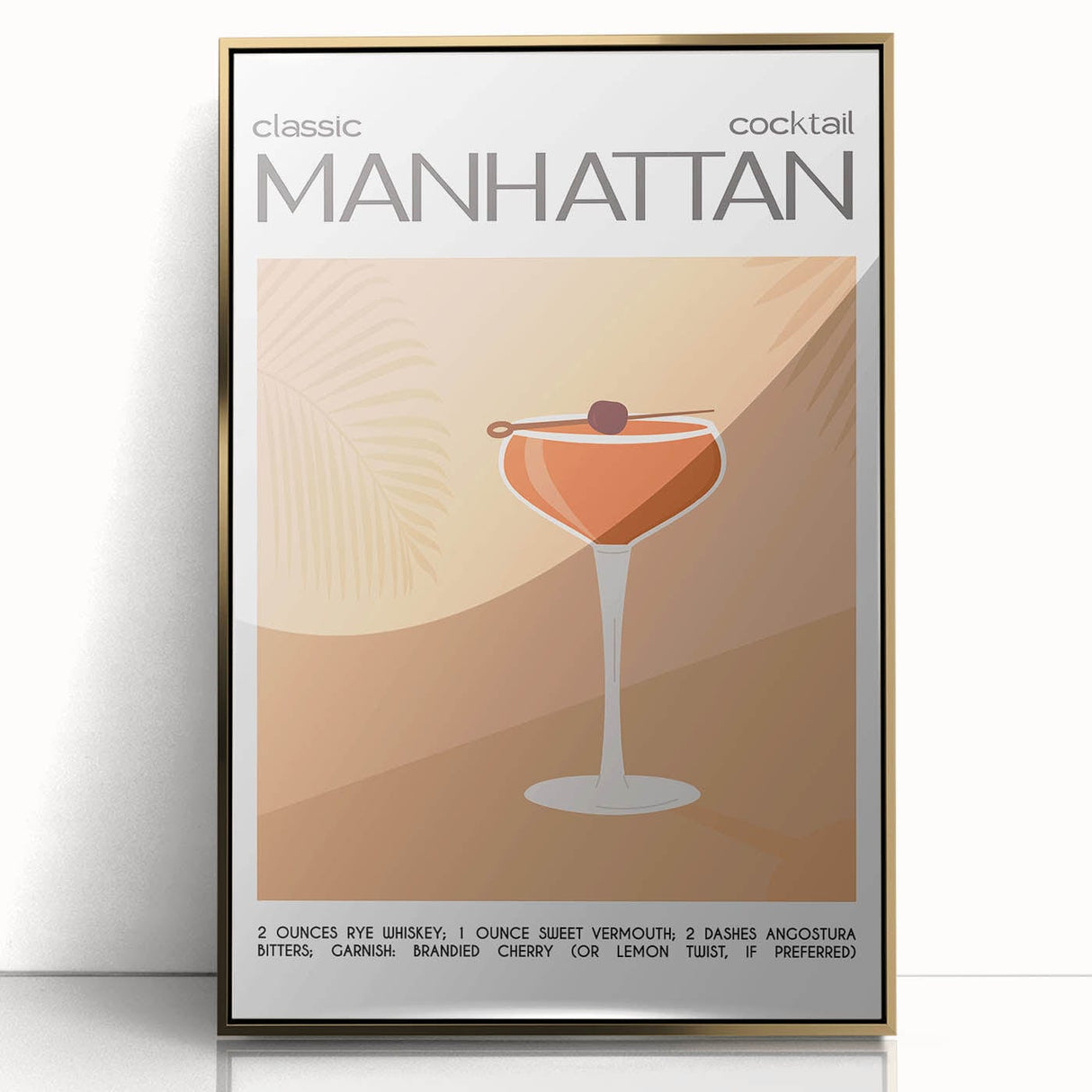 Large acrylic print featuring a mid-century modernist food and drinks motif in gold tones, ideal for modern kitchen decor.