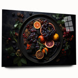 Large abstract wall art on acrylic glass depicting vibrant fruits, ideal for dining room or bedroom decor.