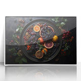 Art deco poster featuring an array of stylized fruits in bold colors on a white acrylic frame, suitable for nursery wall art.