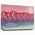 Abstract landscape design printed on acrylic glass, showcasing vibrant colors and fluid shapes, elegantly displayed from the side with pin supports, ideal for modern decor.