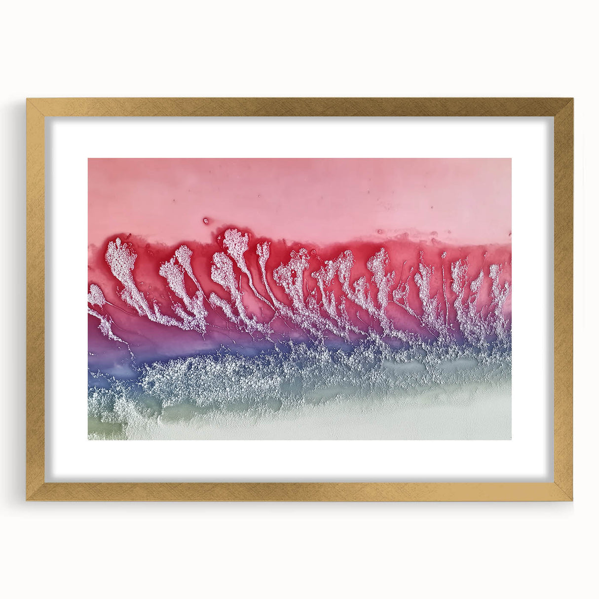 Abstract landscape art print framed in gold with a white mat, showcasing vibrant colors and dynamic shapes, perfect for modern home decor.
